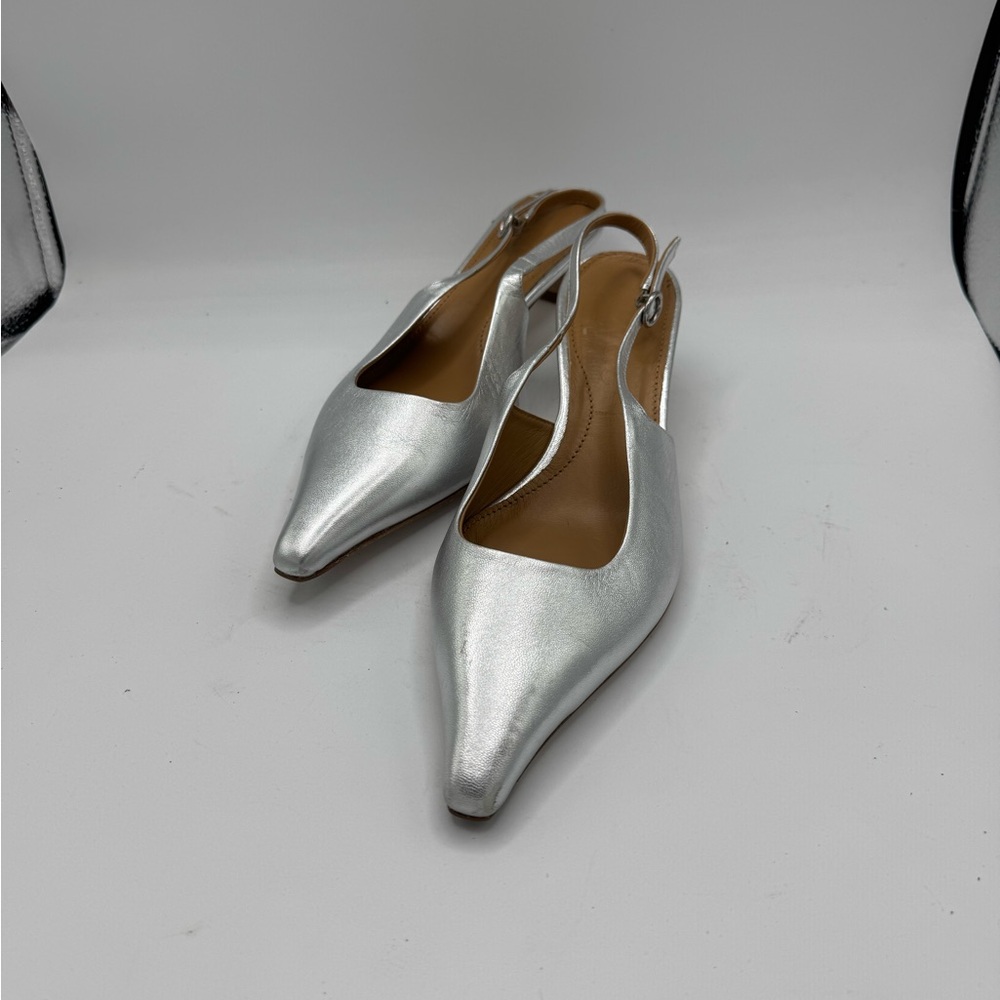Aeyde ‘Catrina’ Silver Metallic with a Kitten Heel